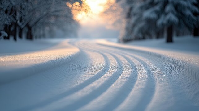 A winding road covered in fresh snow, with tracks from a vehicle or skis, bordered by snow-laden trees. Warm sunlight filters through the branches, creating a s