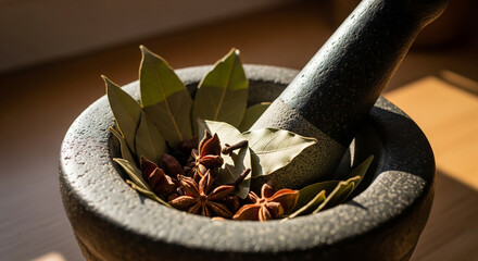 Aromatic Spices Ready for Grinding in a Rustic Mortar and Pestle with Warm Sunlight