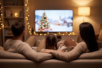 This cozy Christmas movie night scene captures warm family bonding, festive lights, and the comfort of the holiday season