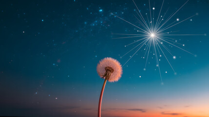 A dandelion against a blue sky with a bright starburst and small stars scattered around it all around