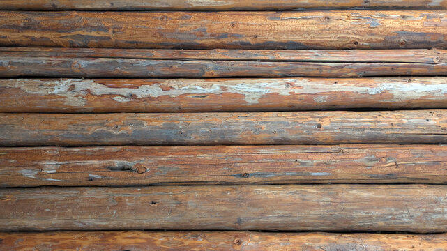 A close-up view of weathered wooden logs forming a rustic log cabin wall with natural textures and earthy tones.