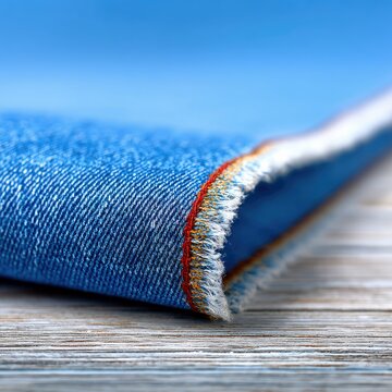 A detailed macro shot of a folded piece of blue denim fabric. The texture of the weave is visible, along with a frayed edge showing white threads and a red stit