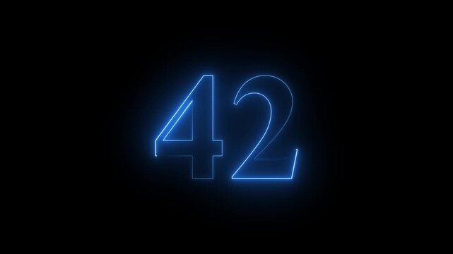 Neon text 42 number countdown icon blue color and black background . Neon number 42 with alpha channel, neon numbers, Bright neon glowing number 42, Energy Neon Number 42 Animation. 4k video..