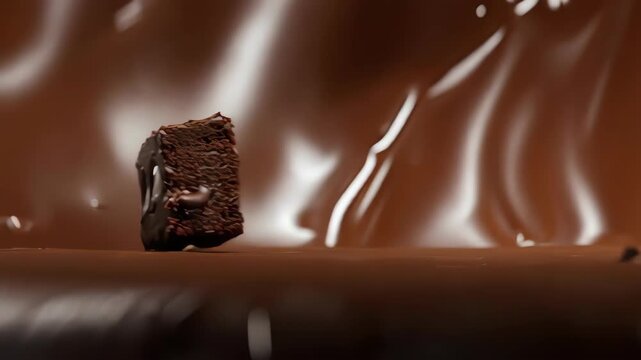 A square candy with a face melts in chocolate