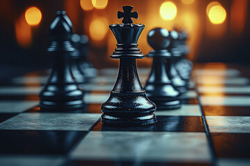 Elegant chess king piece standing tall on board ready for strategic game play ahead