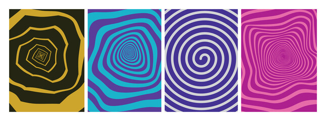 Swirl Spiral Trippy Retro Patterns. Wavy Psychedelic Groovy Vector Background. Funky Swirl Abstract Twirl Background. 