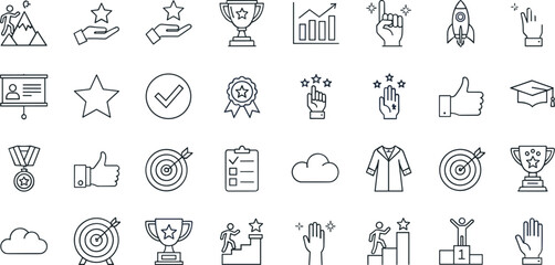 Collection of thin line icons representing success achievement goals and recognition