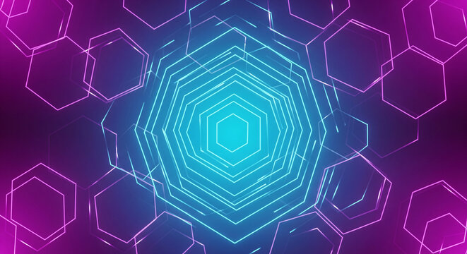 Vibrant neon hexagon tunnel for modern technology designs, perfect for eye-catching backgrounds and futuristic presentations that need a cool touch