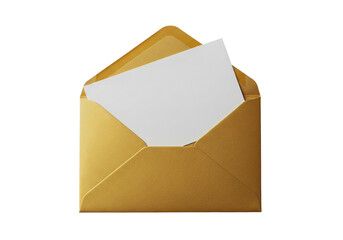 Open gold envelope containing a plain white card, perfect for invitations, holiday greetings, or luxury correspondence on a clean backdrop on transparent background
