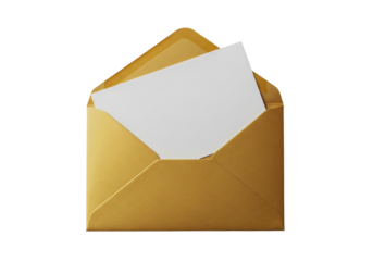Open gold envelope containing a plain white card, perfect for invitations, holiday greetings, or luxury correspondence on a clean backdrop on transparent background