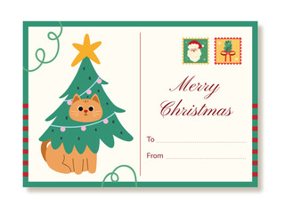 Christmas Postcard Cat Tree Illustration