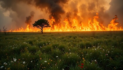Wildfire wall behind lone tree in flower look like meadow