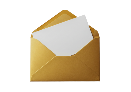 Open gold envelope containing a plain white card, perfect for invitations, holiday greetings, or luxury correspondence on a clean backdrop on transparent background