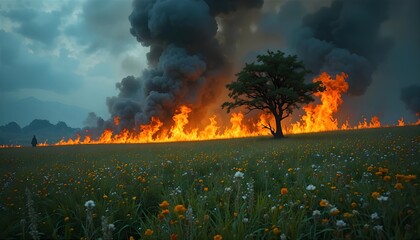 Wildfire line burning behind lone tree in flower like meadow