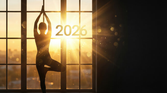 Silhouette of a woman practicing yoga tree pose at sunrise with 2026 text. Healthy lifestyle and fitness resolution concept for New Year in a sunny window.
