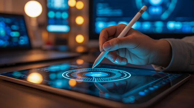 Close up of hand using stylus on digital tablet with futuristic interface and blurred background screens