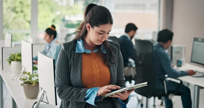 Media agency, tablet or woman with connection, typing or column with submission. Person, deadline or journalist with tech, ideas and coworking with magazine editor, story planning and publication