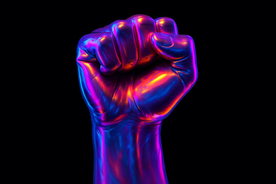 Strong neon metallic fist raised representing empowerment activism solidarity strength and futuristic modern resistance with glowing vibrant light style - Powered by Adobe