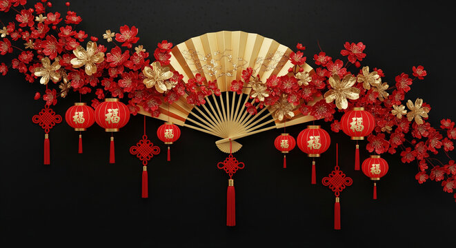 Vibrant lunar new year celebration decor with elegant red lanterns, gold flowers, and a traditional hand fan for festive holiday promotions