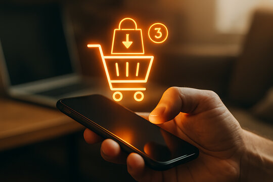 Smartphone in hand showing glowing digital shopping cart hologram representing online retail technology ecommerce purchase business innovation - Powered by Adobe