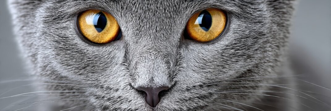 Close Up of a Charming Chartreux Cat with Golden Eyes on a Soft Neutral Gray Background.