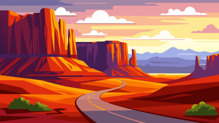 Obraz premium Vast desert landscape illustration featuring a winding road leading through majestic red rock formations under a colorful sky at sunrise or sunset