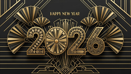 Elegant Art Deco design for the New Year 2026 celebration, featuring luxurious golden typography and geometric fan patterns on a dark background