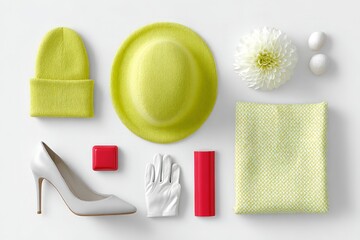 Yellow hat green beanie white heels red accents minimalist flat lay