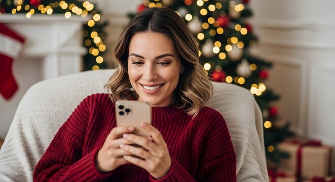 Happy caucasian woman holding smartphone, checking social media or messaging friends during Christmas holidays. Holiday season concept for technology and remote connection.