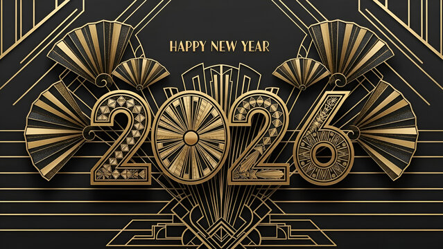Elegant Art Deco design for the New Year 2026 celebration, featuring luxurious golden typography and geometric fan patterns on a dark background
