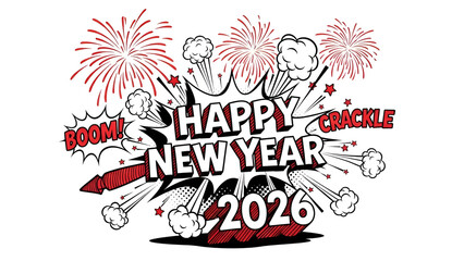 Happy New Year 2026 Pop Art Celebration with Fireworks and Comic Book Style Design