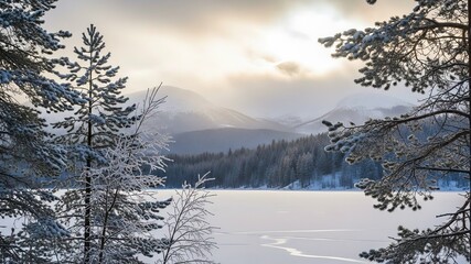 Dramatic Winter Landscape of Frozen Lake and Forest Framed by Snow-Covered Pine Branches