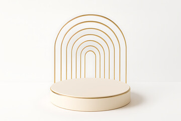 Obraz premium Minimal abstract podium scene with golden metallic arch and round stage platform in elegant white background