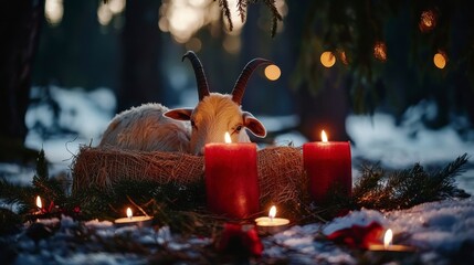 Cozy Winter Scene with Goat and Candlelight in Snowy Forest