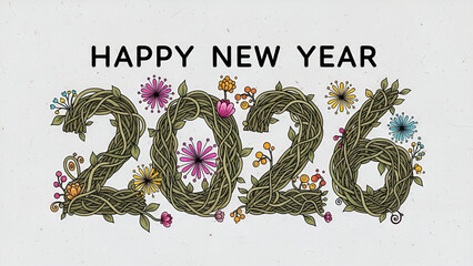 Happy New Year 2026 illustration with floral accents and botanical elements