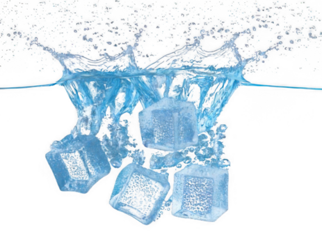 Four ice cubes falling with water droplets isolated on transparent background.