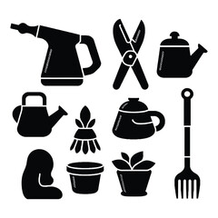 Black vector silhouette icons set of cooking and kitchen tools for a chef