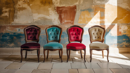 Four ornate tufted velvet chairs in burgundy teal red and cream arranged in a row against a distressed wall