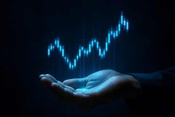 Innovative technology showing glowing digital financial stock market chart rising above human hand representing investment and economic growth