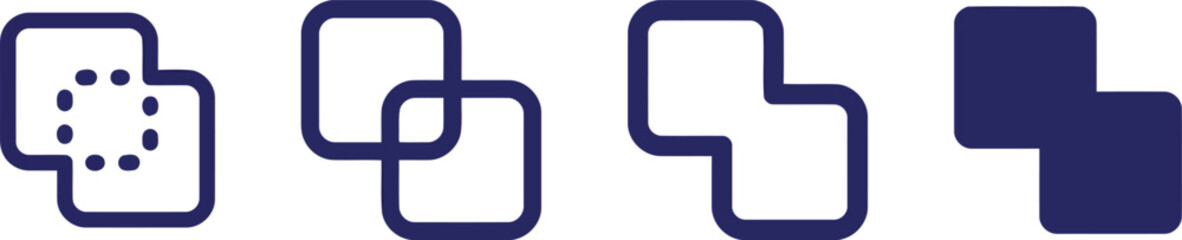 abstract, geometric, shapes, icon, vector, set, design, graphic, symbol, connection, overlap, rounded, square, outline, solid, blue, white, minimalist, modern, abstract art, pattern, arrangement, elem