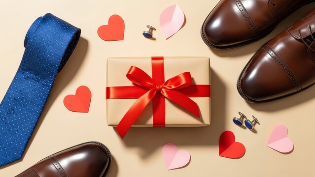Thoughtful Father's Day Gift Box with Blue Tie and Leather Shoes, Celebrating Family Love