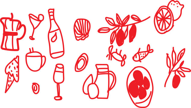 Sketch of wine and food arrangement for restaurant menu or invitation