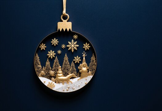 Christmas design,  ornament shaped cutout of Christmas ball with festive decorations and golden snowflakes, dark blue background