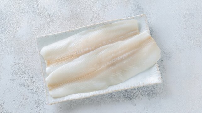 Fresh raw pollock fillet on a plate top view isolated. Generative AI