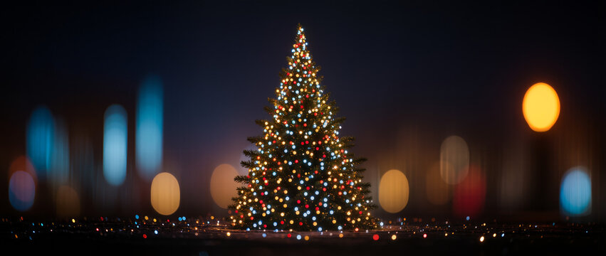 A glowing Christmas tree made of vibrant bokeh lights shines against a dark urban backdrop, creating a dreamy, magical, and festive holiday atmosphere with soft, colorful light orbs.