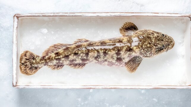 Fresh raw burbot on white isolated background in ice tray. Generative AI