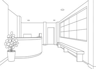 Modern Office Reception Area Design with Curved Counter and Large Window Line Art Illustration