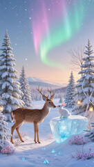 A deer gently greets a small rabbit on a glowing ice crystal beneath soft pastel aurora lights, creating a whimsical, magical winter scene with festive charm.