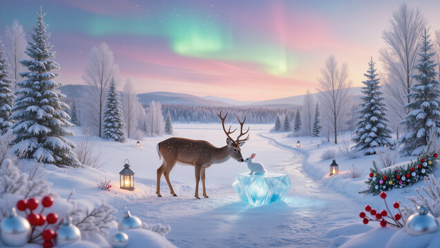 A deer gently greets a small rabbit on a glowing ice crystal beneath soft pastel aurora lights, creating a whimsical, magical winter scene with festive charm.