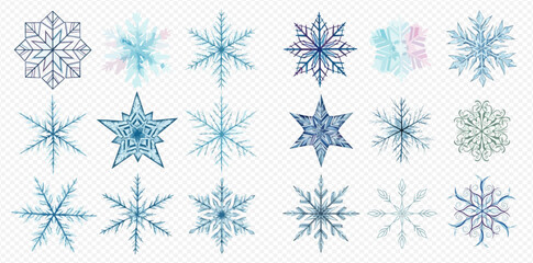 A collection of various intricate blue and white snowflake designs, perfect for winter and holiday themes.